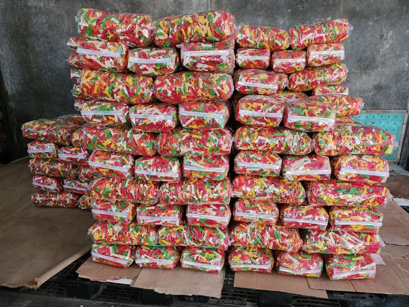 Pallet of packaged crackers ready for export shipment